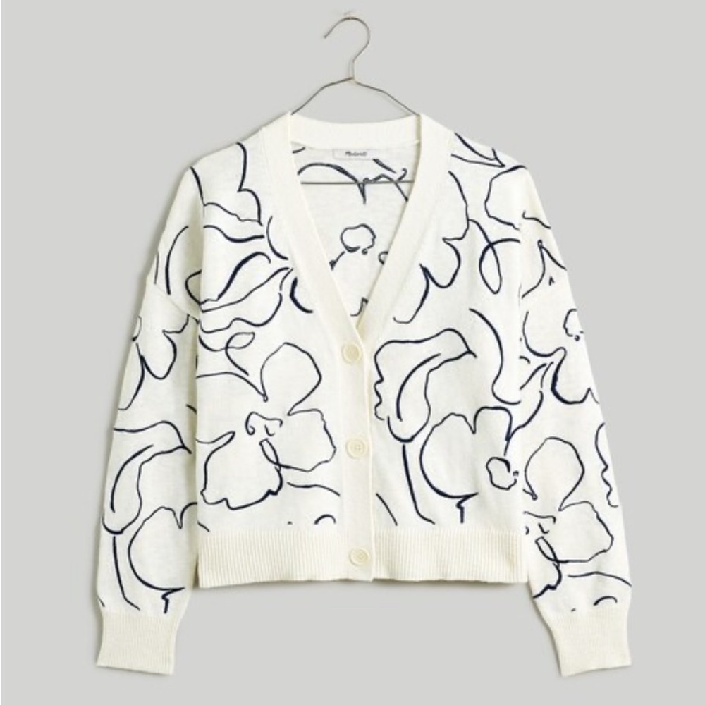 Madewell Cream Black Floral Cardigan Sweater in Linear Bloom - Size XS - NL199